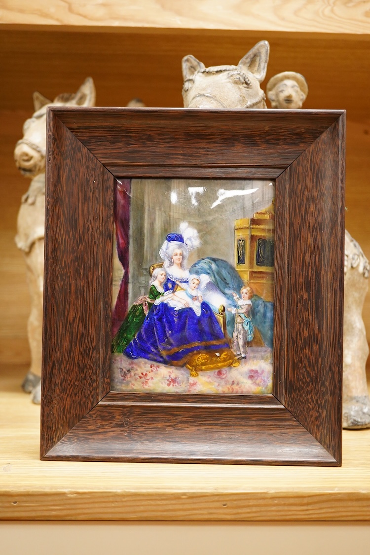 Henri Remy (19th/20th century), 'Marie Antoinette et ces enfants', signed lower left, enamel on copper, framed, overall 27 x 23cm